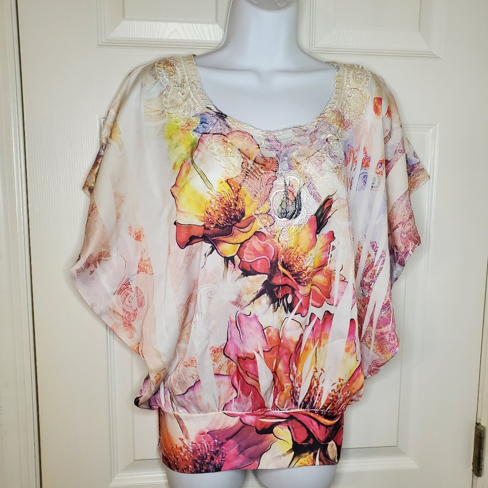 Dressbarn Sheer Brilliant Floral Print Top Size M